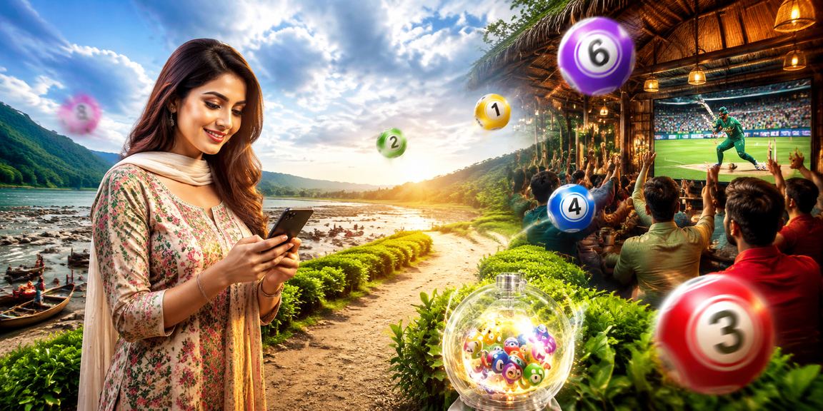সিলেটের চা বাগানে প্রকৃতির মাঝে মোবাইলে লটারি গেম উপভোগ করছেন একজন ব্যবহারকারী